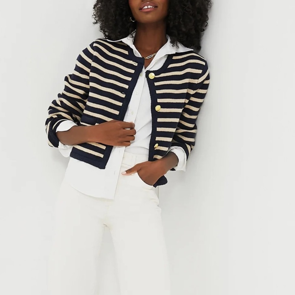 English Factory - Striped Sweater Cardigan in Navy/Tan, XS